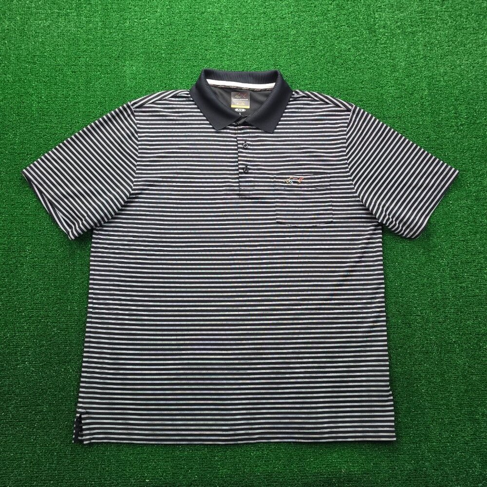 Greg Norman Polo Shirt Mens Large Black Striped Short‎ Sleeve Golf Summer Casual